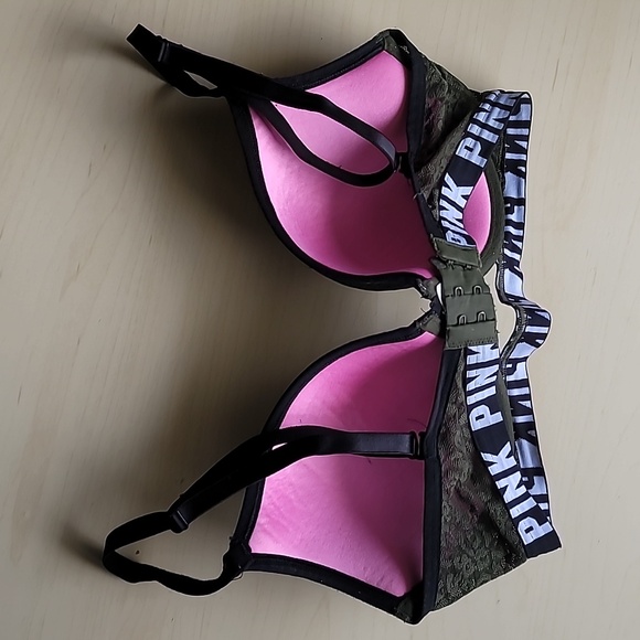 Victoria's Secret PINK Where Everywhere Push Up 32DD Dark Green Leopard Lace - Picture 5 of 13